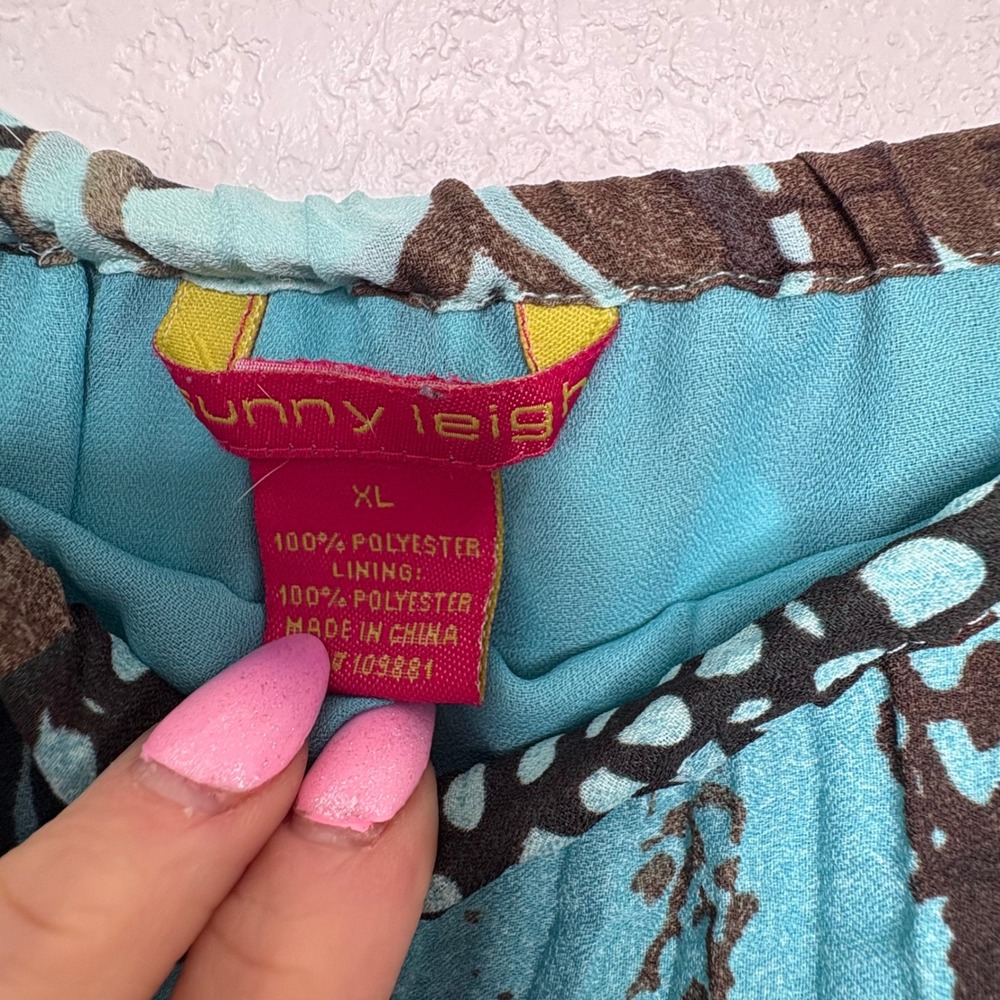 Sunny Leigh Turquoise Brown Abstract Tribal Tiered Maxi Skirt XL Boho Geometric - Picture 5 of 7